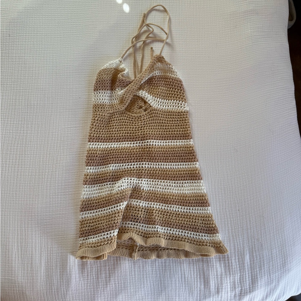 Handmade Crochet Strappy Mini Dress in Beige and White